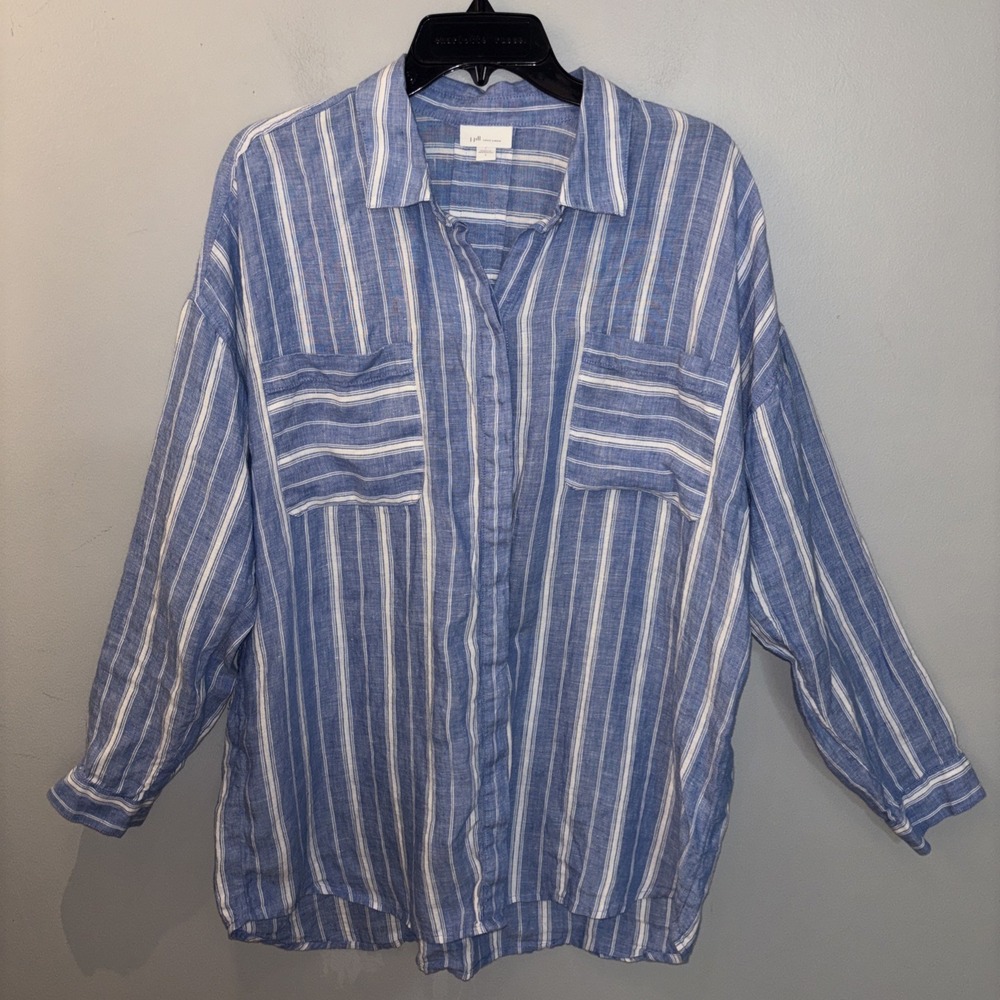 J.Jill Love Linen Blue White Stripe Patch-Pocket Tunic Top Casual Coastal Size L